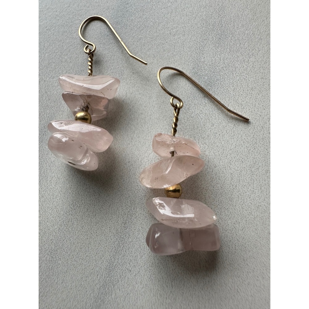 14K Yellow Gold Natural Rose Quartz Chip Drop Earrings Artisan Boho Pink Crystal